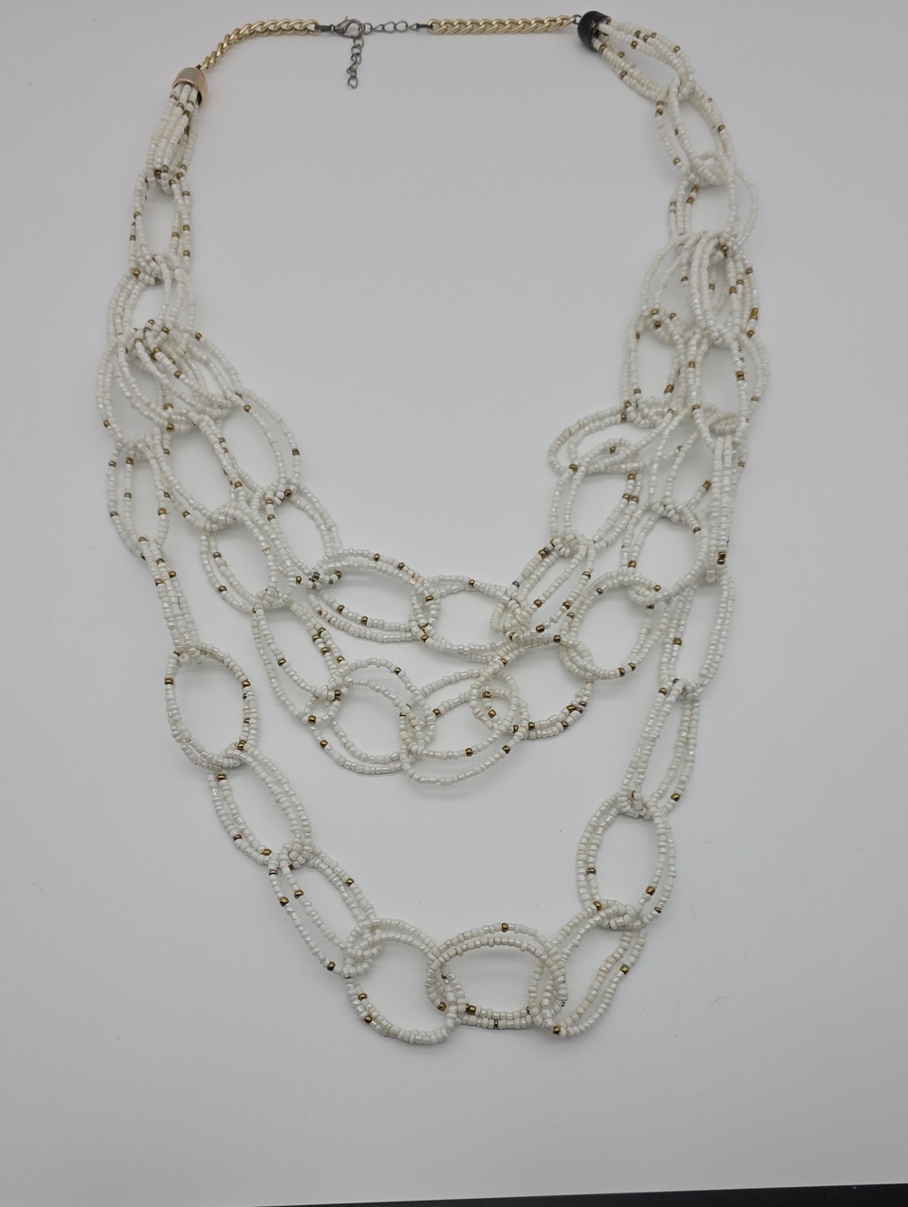 Multi-Strand White Beaded Link Necklace